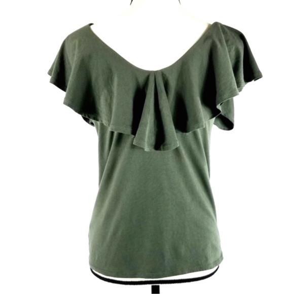 Eri + Ali Anthropologie Ruffle off Shoulder Olive Green Khaki Short Sleeve Top - Picture 6 of 12